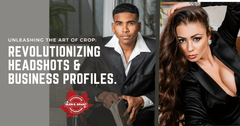 Banner image showcasing two contrasting styles of portrait photography - a tight crop featuring a woman's face and a full upper body shot of a man.