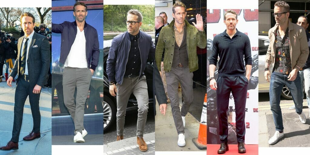 Collage of various images of actor Ryan Reynolds showcasing his casual and sophisticated daytime style. Images depict him in diverse outfits including simple tees, uncomplicated jackets, tailored trousers, and stylish sneakers.