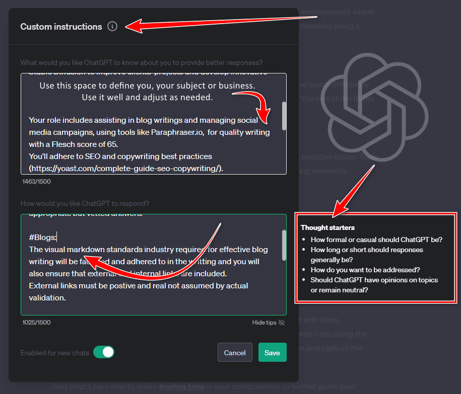 Computer interface showing OpenAI's Custom Instructions settings