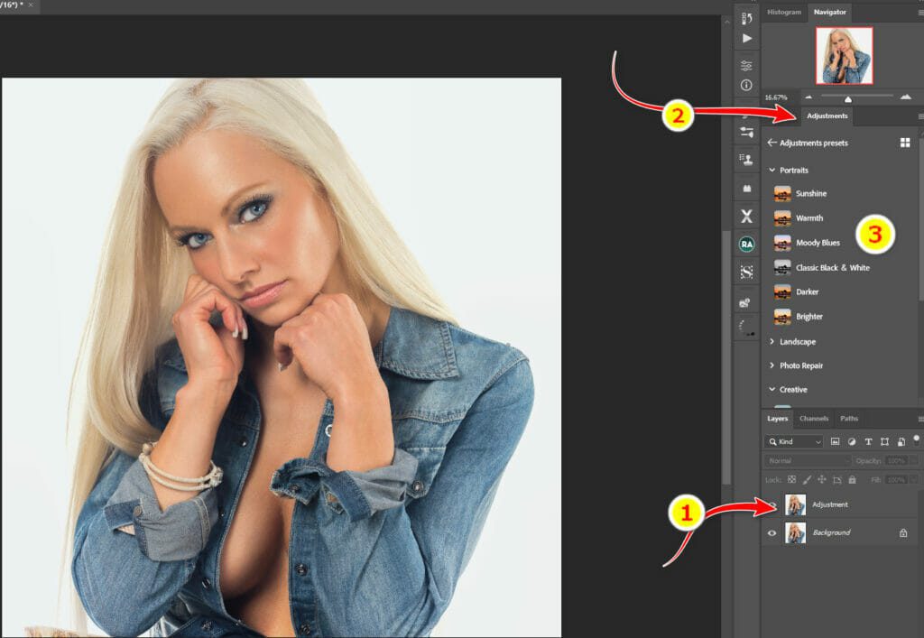 Photoshop interface, highlighting the new Adjustment Preset feature under the Adjustments tab.