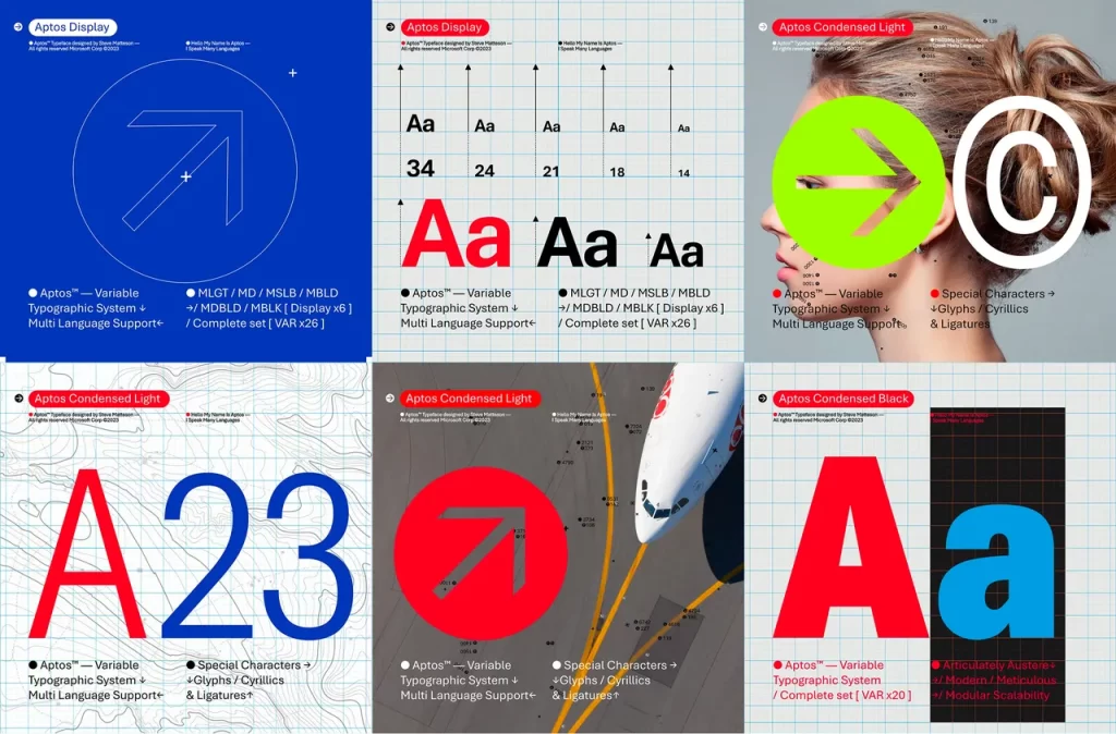 The evolution of Microsoft's typography, highlighting the transition from Calibri to Aptos
